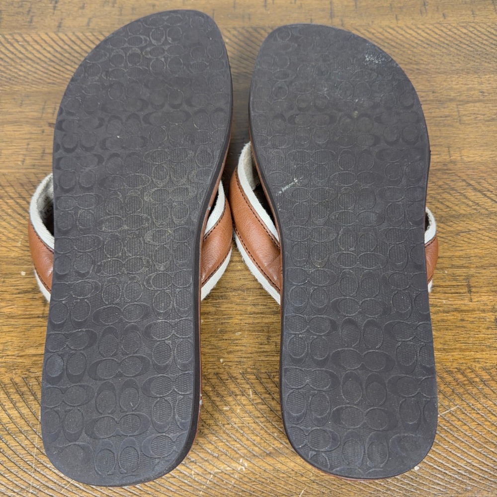 Coach Flip Flops Mens 13 Brown Leather‎ Canvas Signature Monogram Sandals - Picture 6 of 8
